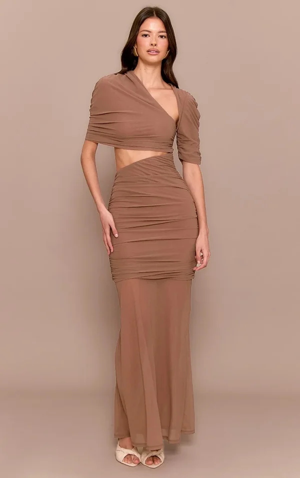 Taupe Mesh Extreme Ruched Wrap Fishtail Maxi Dress