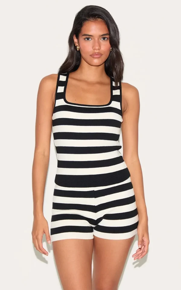 White Stripe Knit Scoop Neck Tank Top
