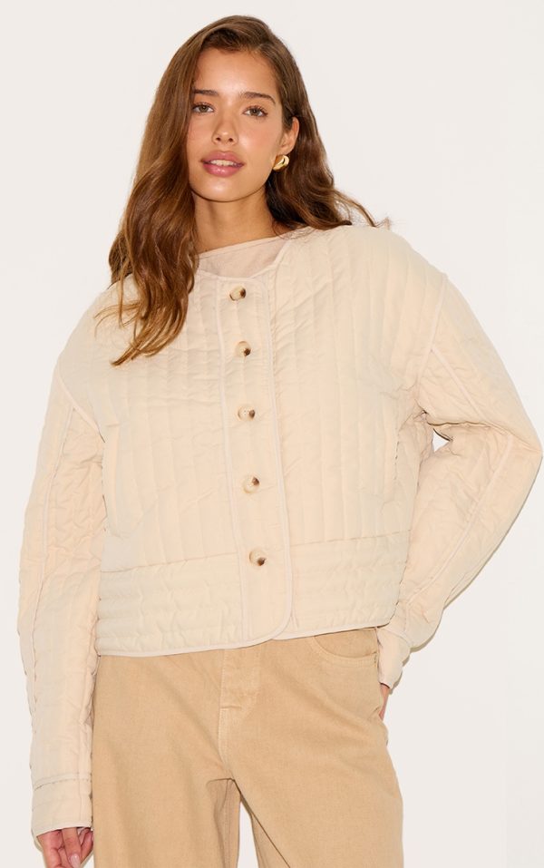 Stone Button Up Round Neck Quilted Jacket