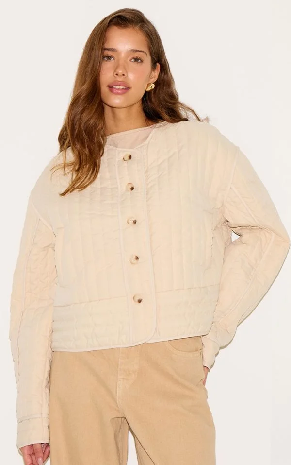 Stone Button Up Round Neck Quilted Jacket