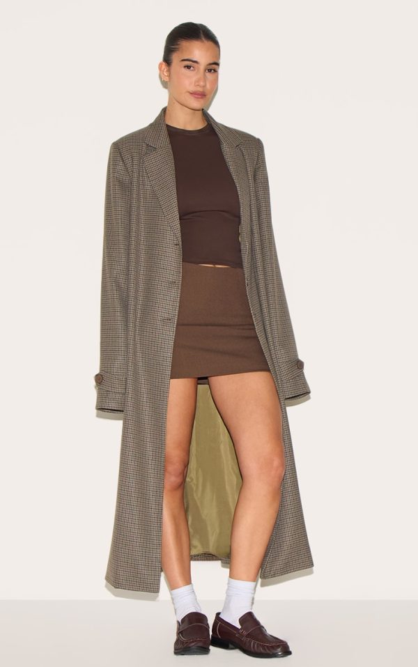 Brown Check Print Oversized Trench Coat