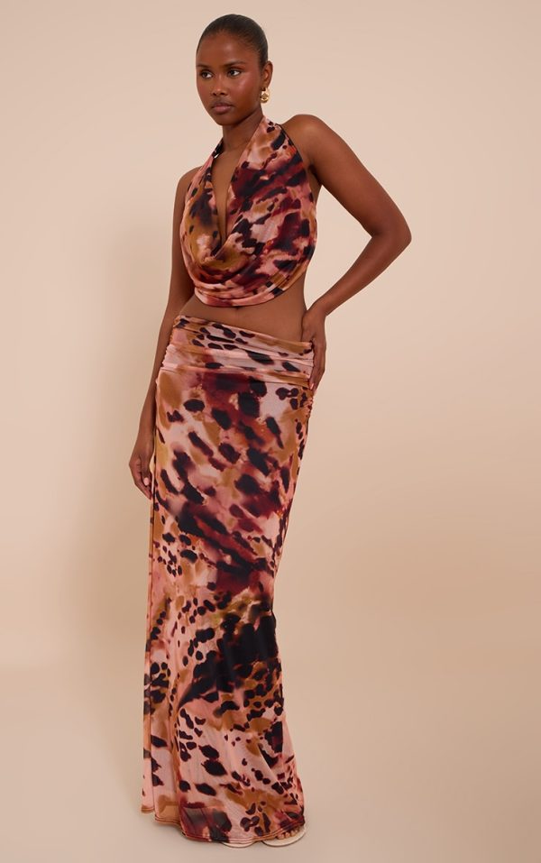 Multi Abstract Print Mesh Maxi Skirt