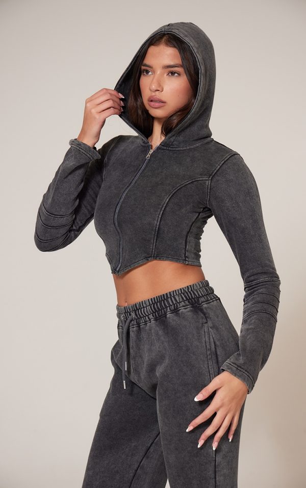 Charcoal Washed Seam Detail Zip Up Corset Hoodie