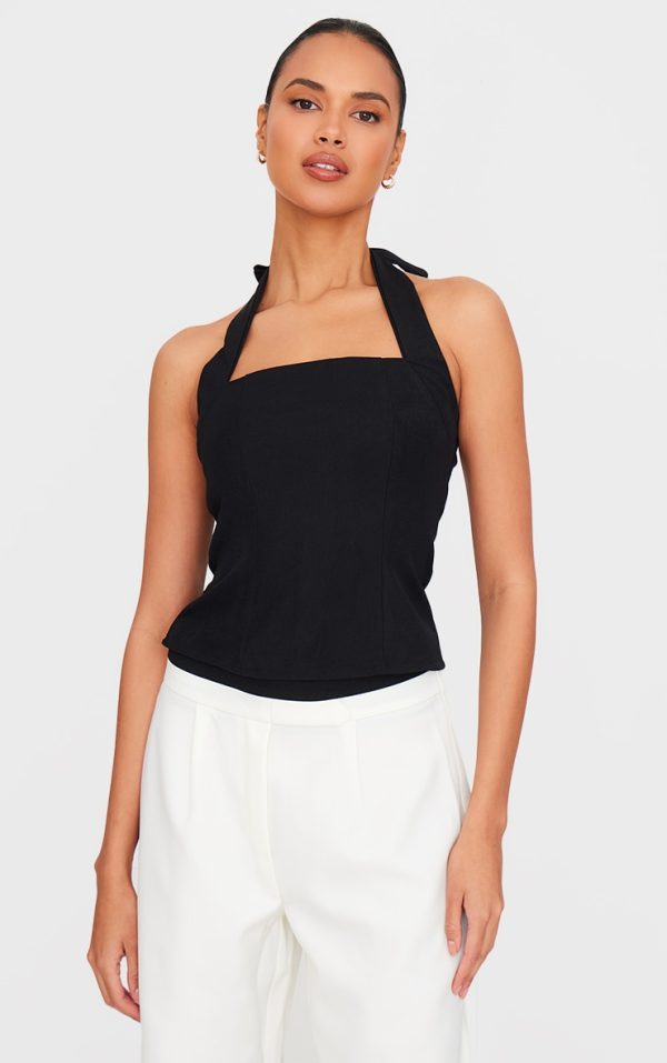 Black Woven Halterneck Long Top