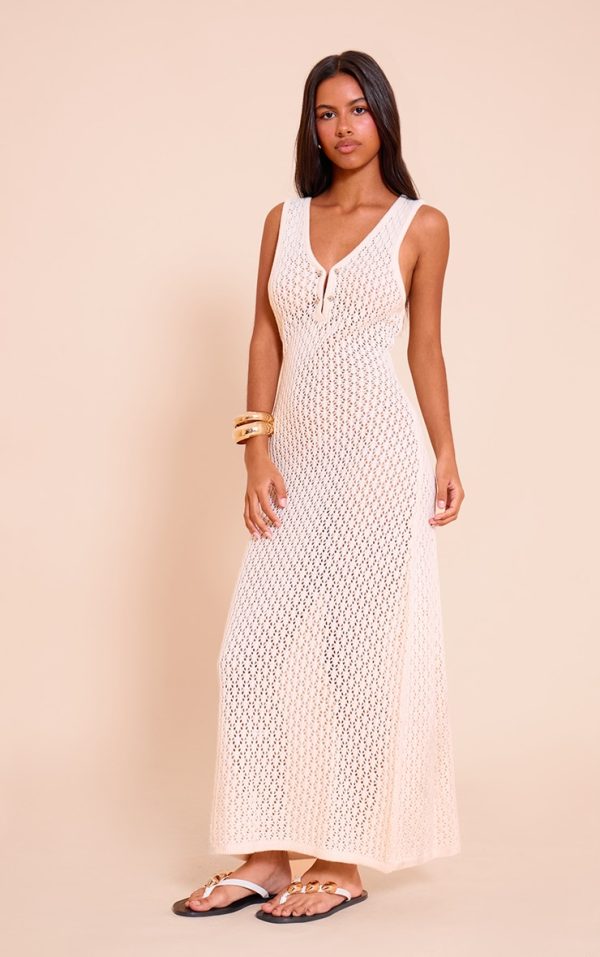 Petite Cream Knit V Neck Sleeveless Midaxi Dress