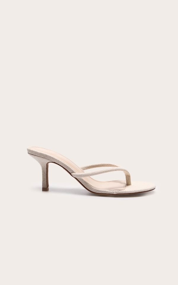 Natural Linen Round Toe Thong Mid Heel Mules