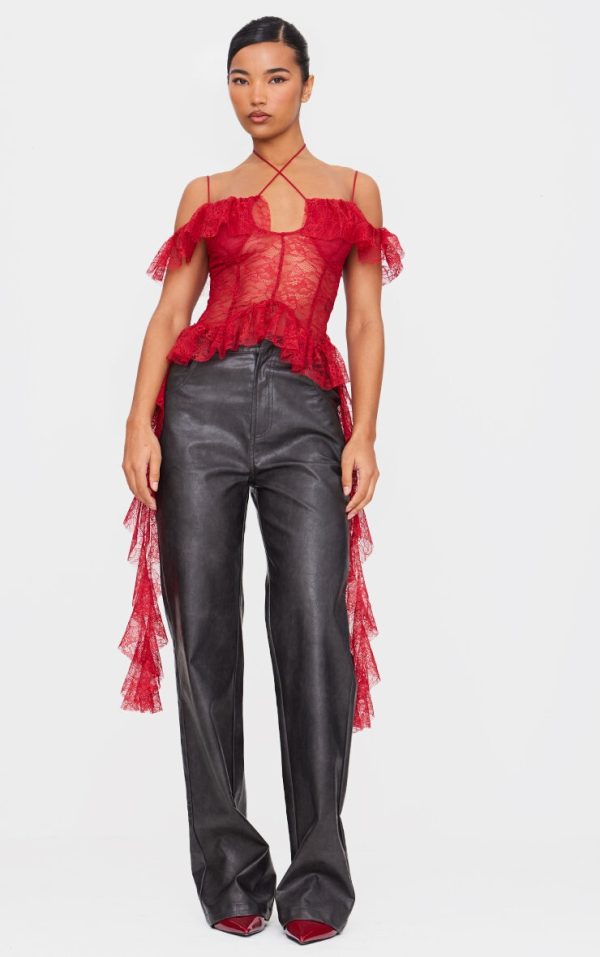 Wine Lace Ruffle Halterneck Long Top