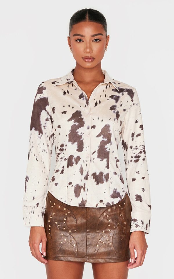 Beige Faux Suede Cow Print Fitted Shirt