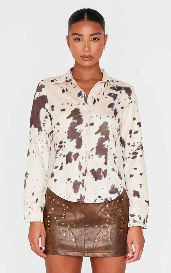 Beige Faux Suede Cow Print Fitted Shirt
