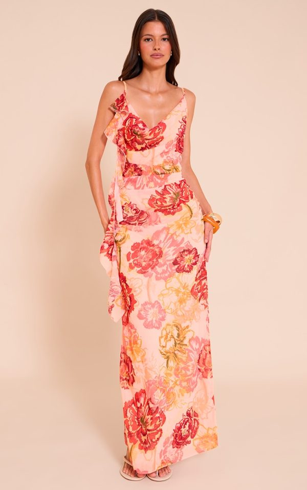 Pink Floral Printed Chiffon Strappy Frill Detail Maxi Dress