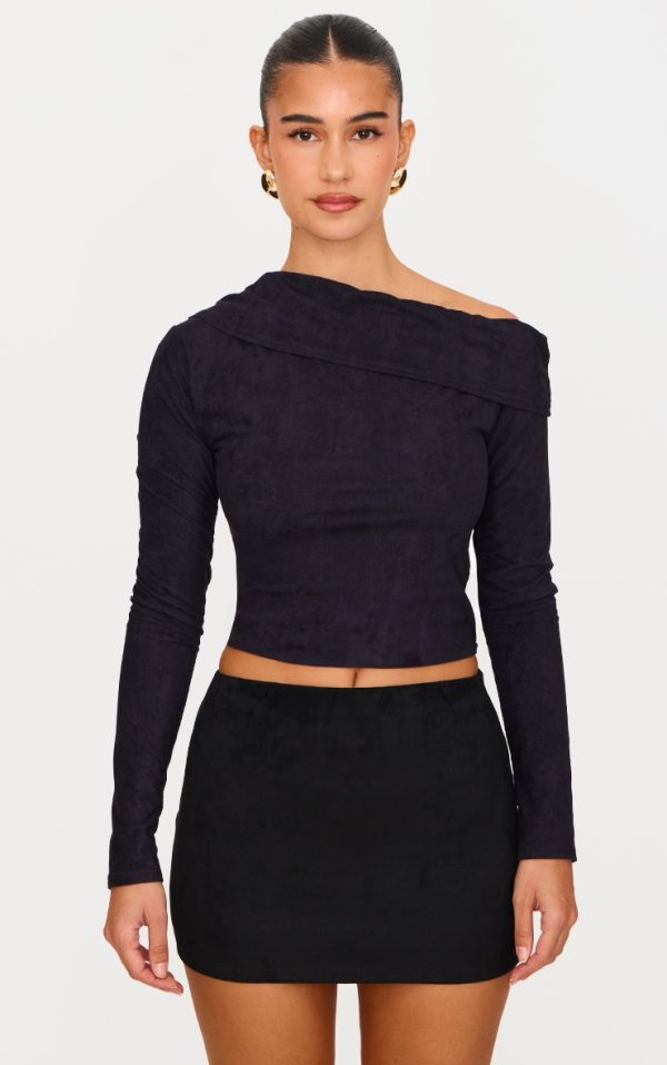 Black Faux Suede Asymmetric Shoulder Long Sleeve Top