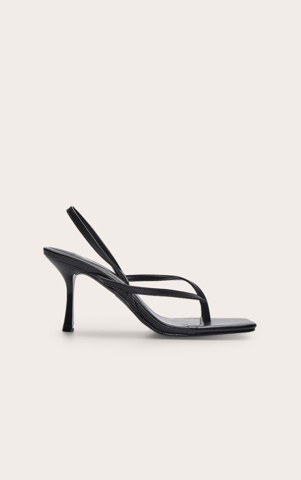 Black Pu Square Toe Thong Sling Back Mid Heeled Sandals
