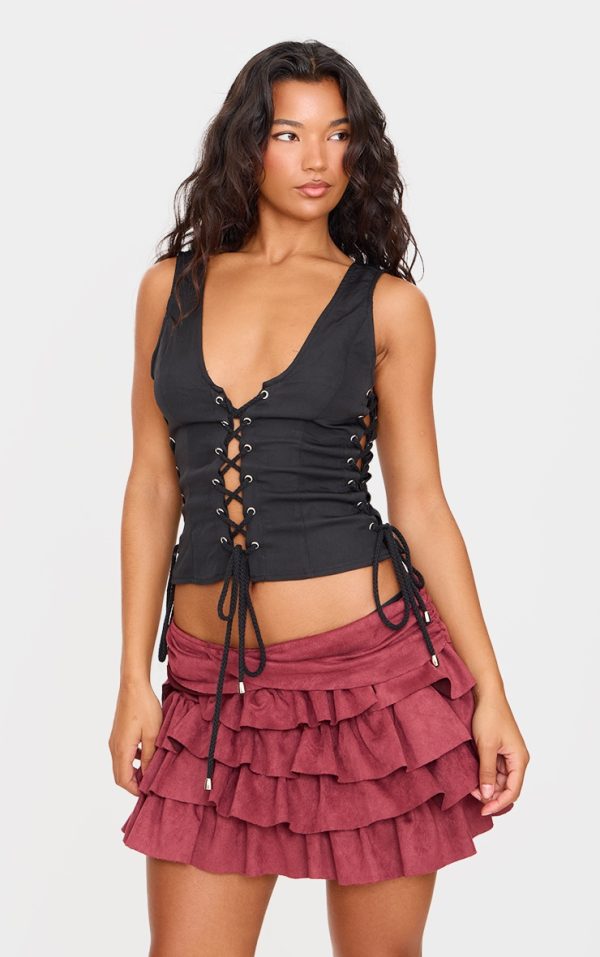 Black Woven Lace Up Detail Plunge Sleeveless Top