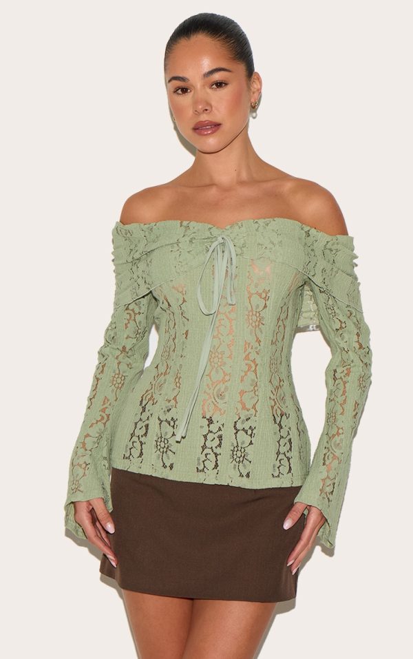 Sage Fitted Lace Flared Sleeve Bardot Top