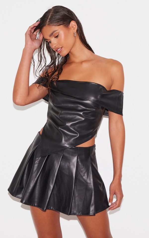 Black Faux Leather Off The Shoulder Top