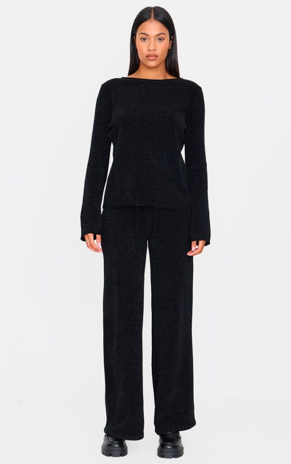 Tall Black Soft Textured Knit Drawstring Wide Leg Pants
