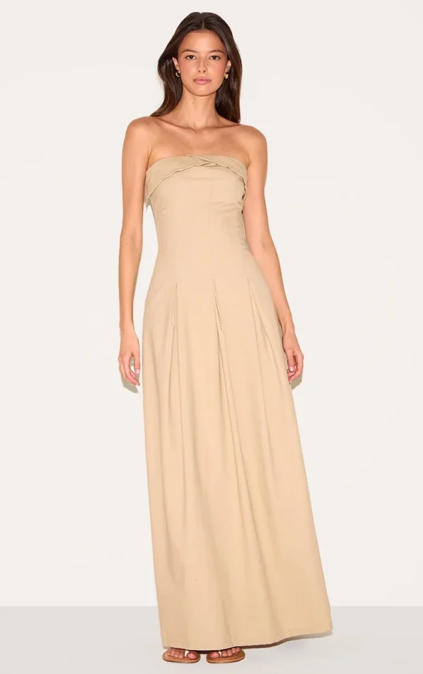 Natural Bandeau Pleated Midaxi Dress