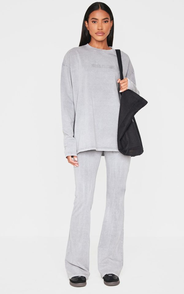 PRETTYLITTLETHING Light Grey Embossed Logo Washed Skinny Flare Pants