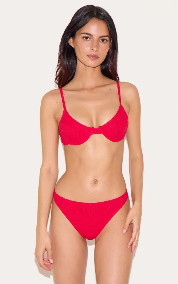 Red Textured Floral Underwired Bikini Top