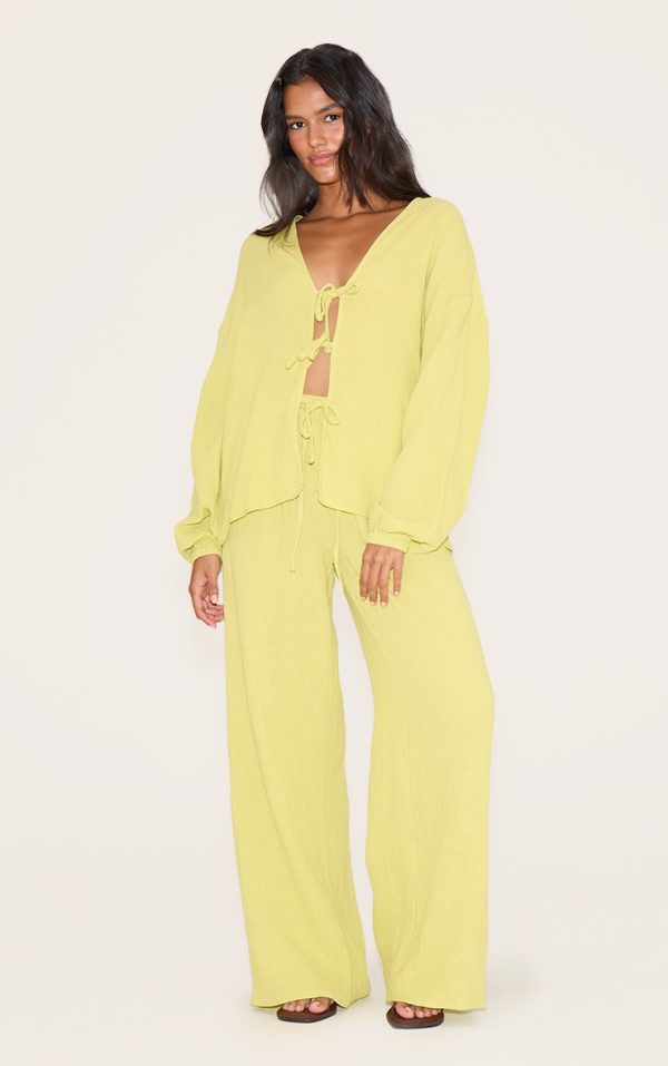 Chartreuse Cheesecloth Textured Wide Leg Pant