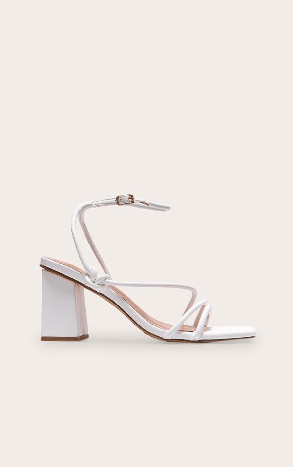 White Pu Square Toe Strappy Tube Asymmetric Block Heeled Sandals