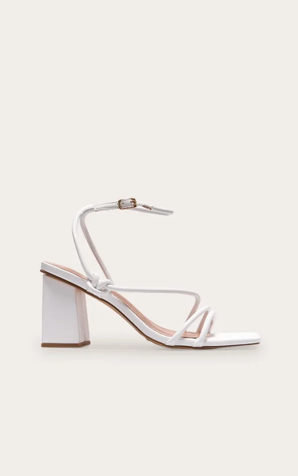 White Pu Square Toe Strappy Tube Asymmetric Block Heeled Sandals