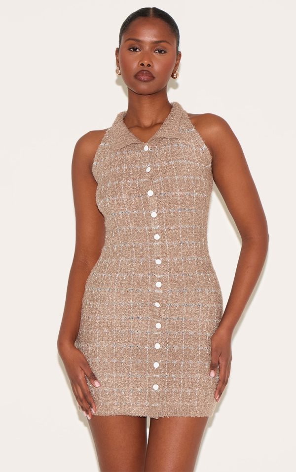 Taupe Boucle Knit Button Through Collar Detal Mini Dress