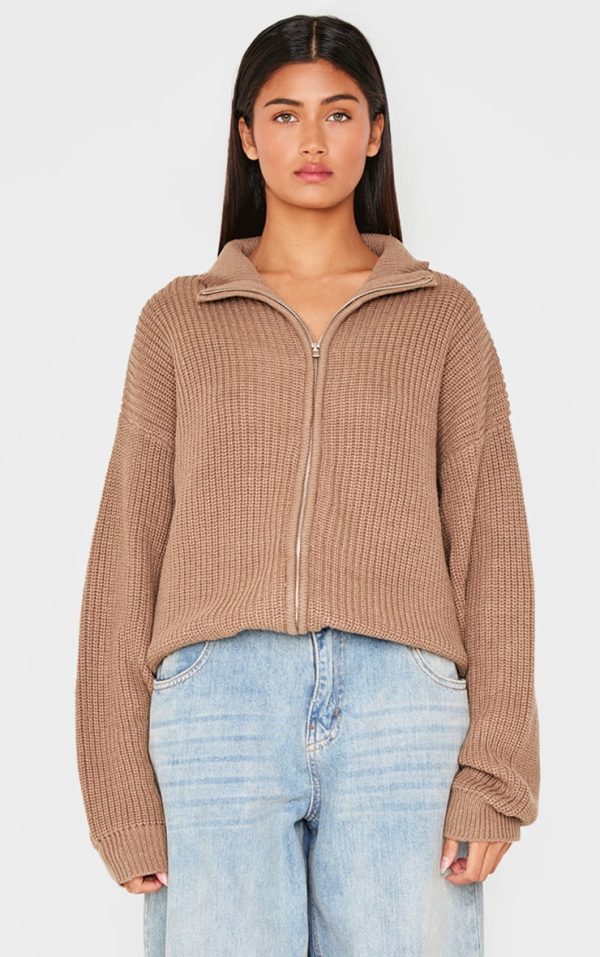 Light Mocha Thick Rib Knit Zip Up Cardigan