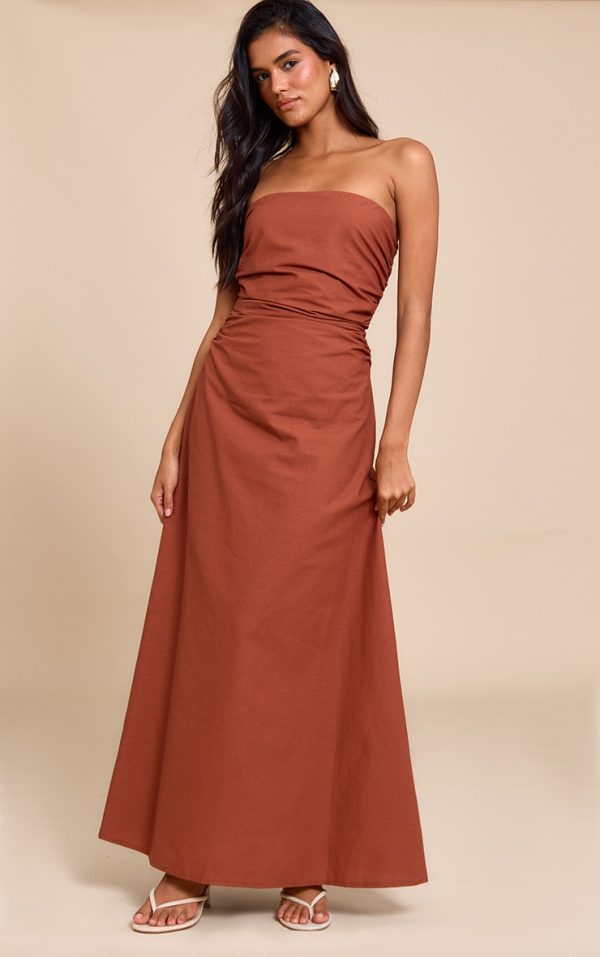 Rust Bandeau Ruched Waist Detail Maxi Dress