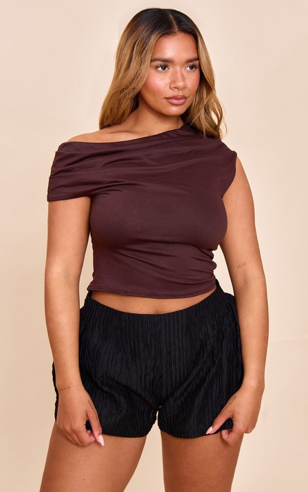 Shape Chocolate Striped Drape One Shoulder Top