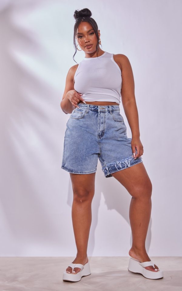 Plus Light Blue Wash Distressed Longline Denim Shorts