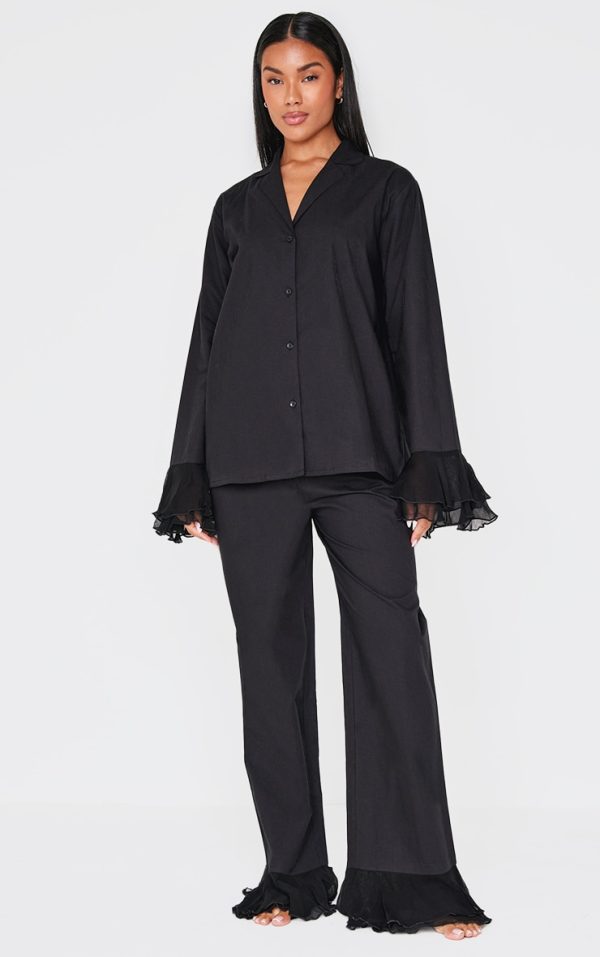 Black Frill Hem Cotton Long Pj Set