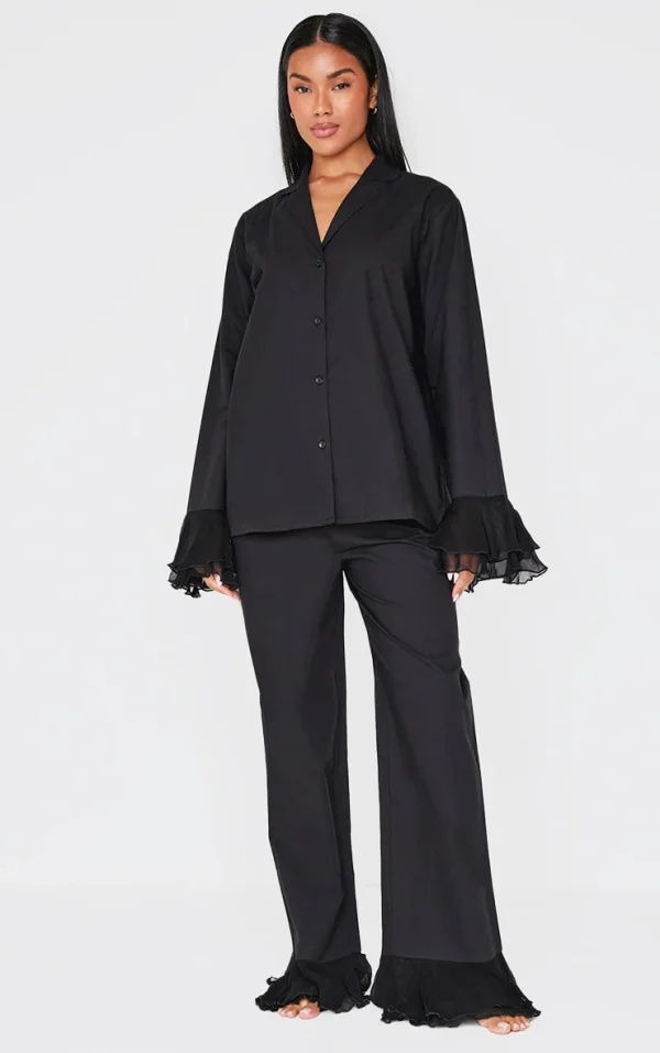 Black Frill Hem Cotton Long Pj Set