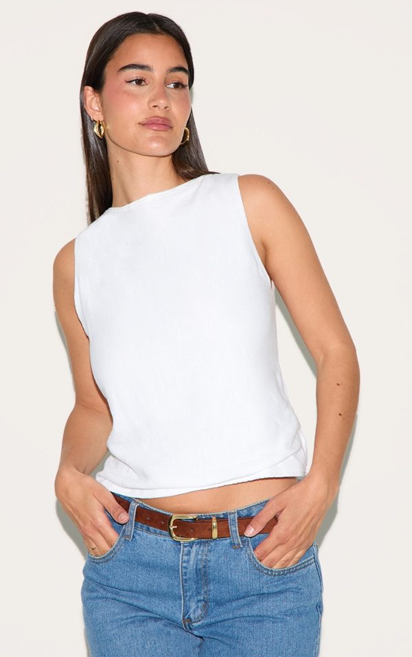 White Linen Look Boatneck Sleeveless Top