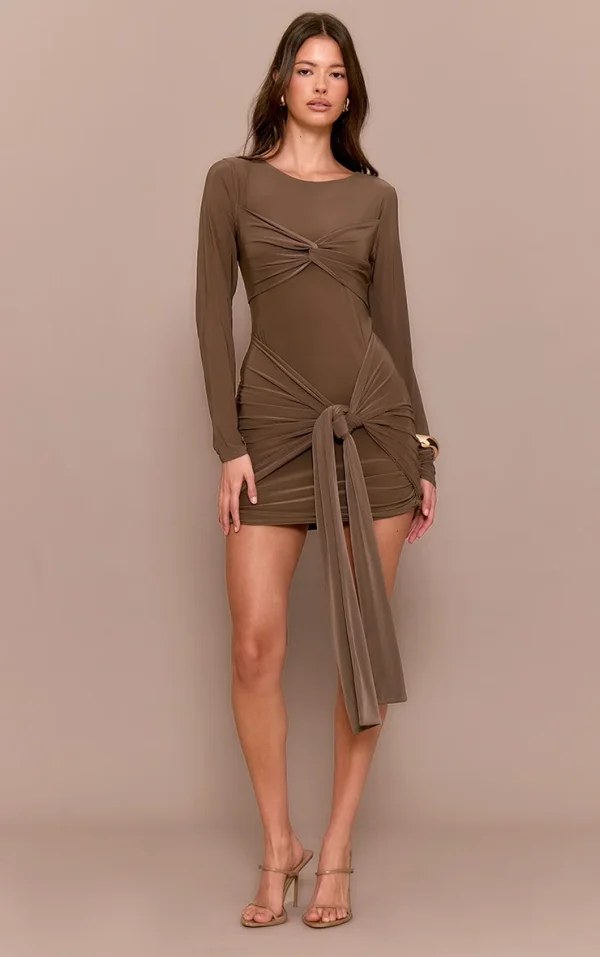 Mushroom Slinky Long Sleeve Wrap Twist Detail Mini Dress