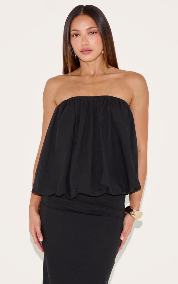 Tall Black Linen Look Ruched Bandeau Top