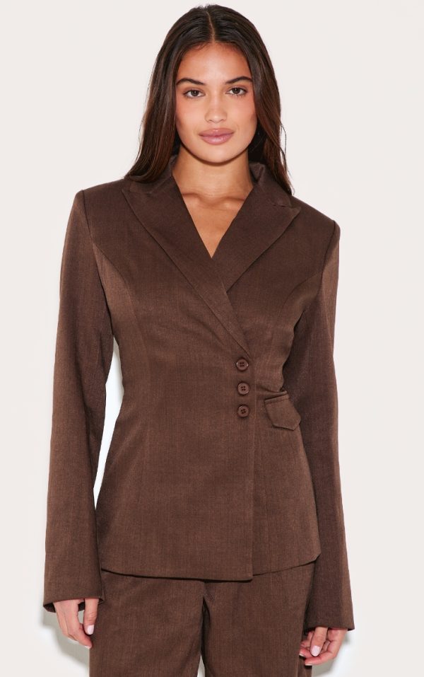 Chocolate Woven Tailored Cinched Waist Blazer