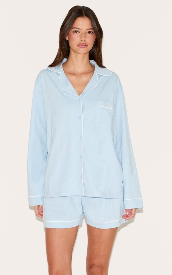 Baby Blue Bridesmaid Embroidered Jersey Piping Short Pj Set