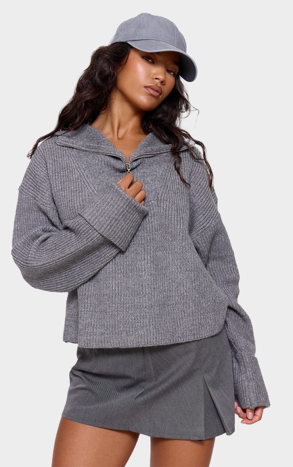 Charcoal Grey Marl Chunky Knit Half Zip Sweater