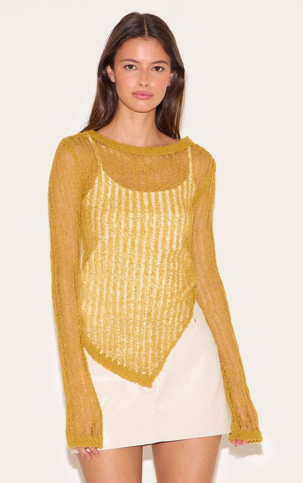 Olive Ladder Knit Sheer Asymmetric Hem Top