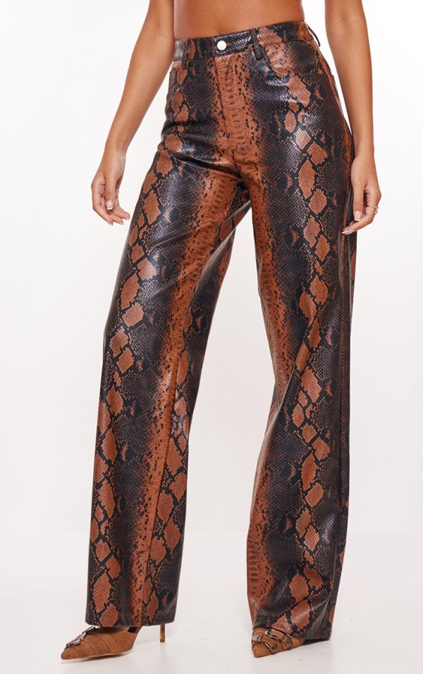 Tall Brown Faux Leather Snake Print Wide Leg Pants