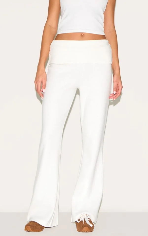 Cream Super Soft Foldover Waist Flare Lounge Pants