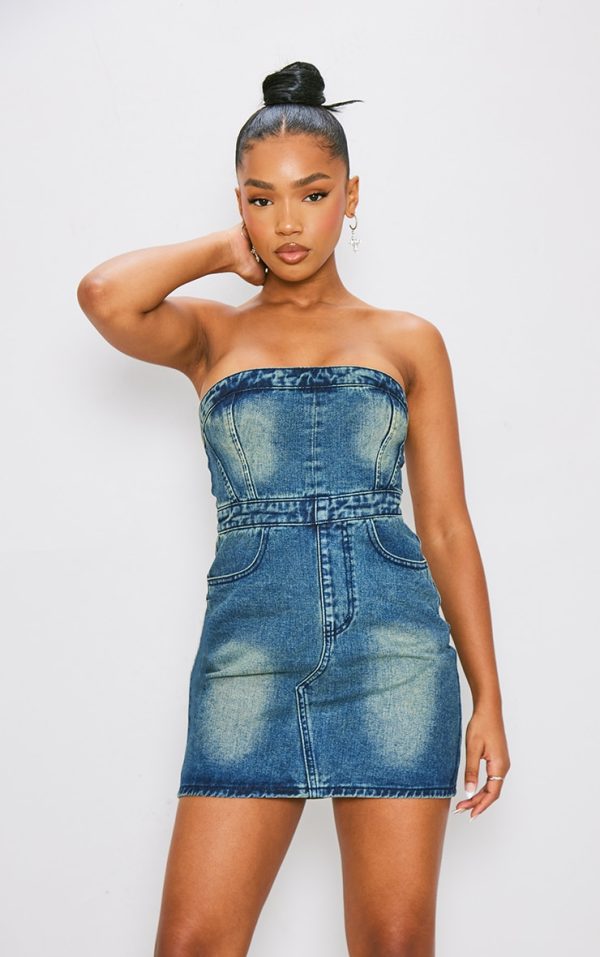 Indigo Blue Wash Zip Detail Bandeau Mini Dress