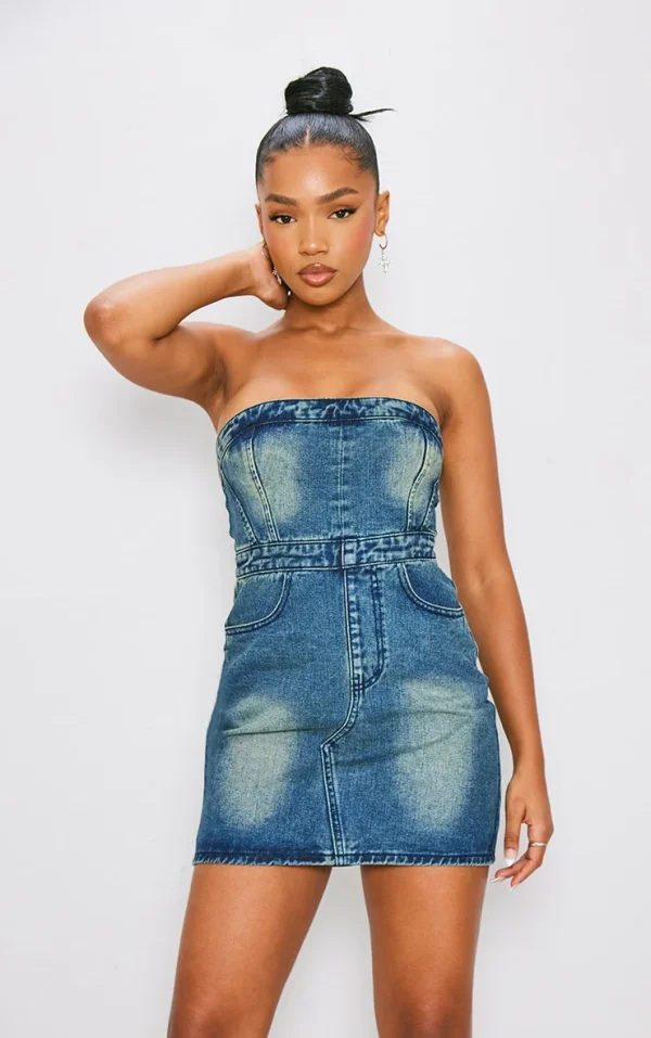Indigo Blue Wash Zip Detail Bandeau Mini Dress