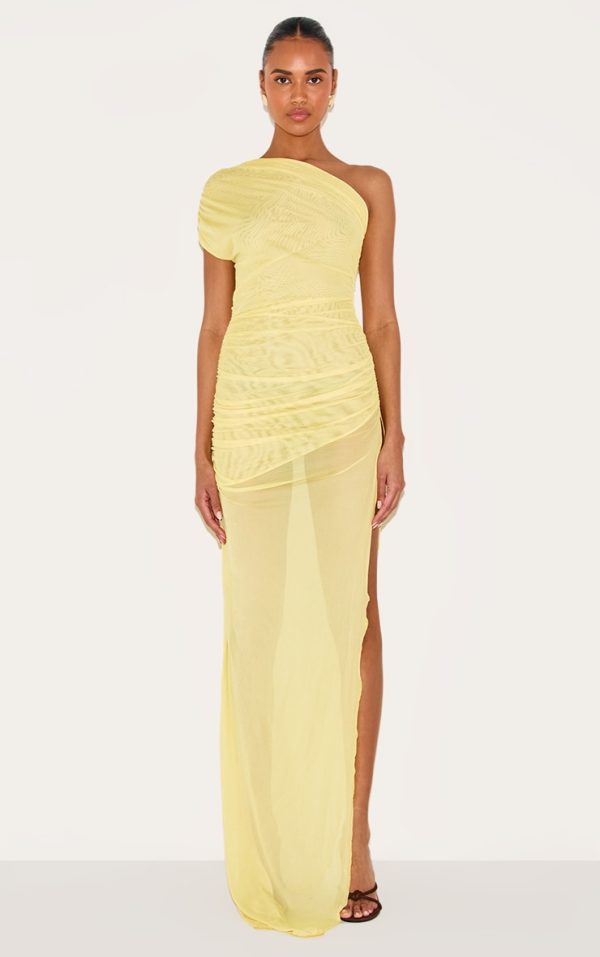 Yellow Mesh Ruched One Shoulder Thigh Split Maxi Dress