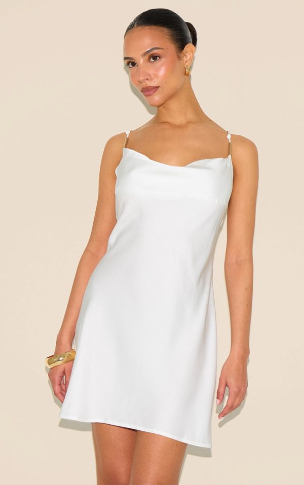 Petite White Cowl Satin Shift Mini Dress With Trim Details