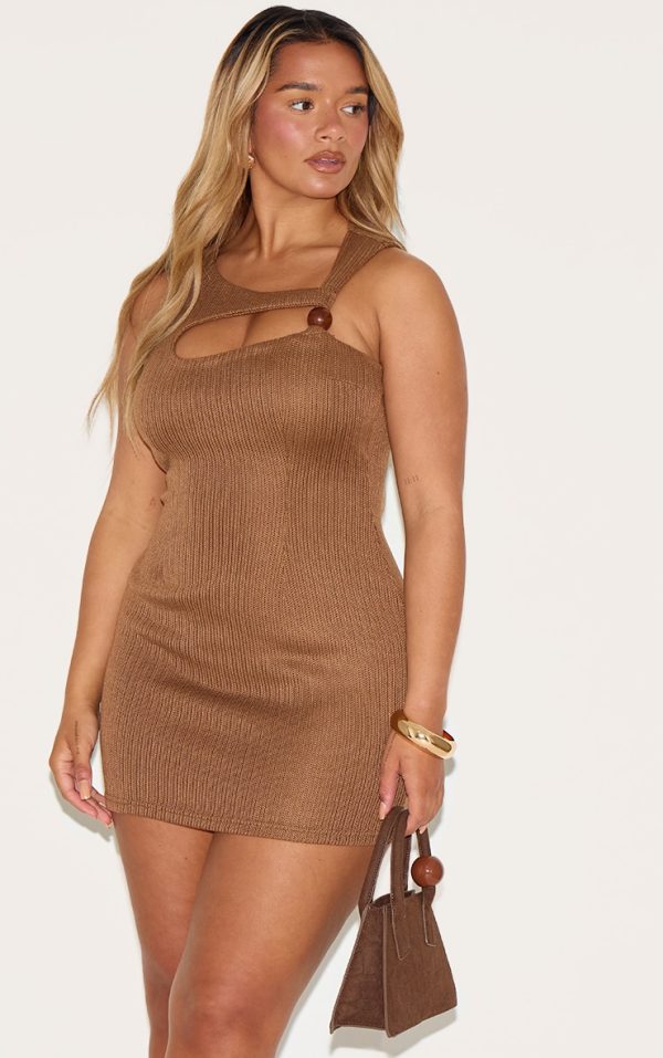 Shape Mocha Knitted Cut Out Tortoiseshell Trim Mini Dress