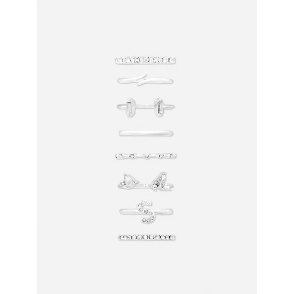 8-Pack Rhinestone Initial Rings - White