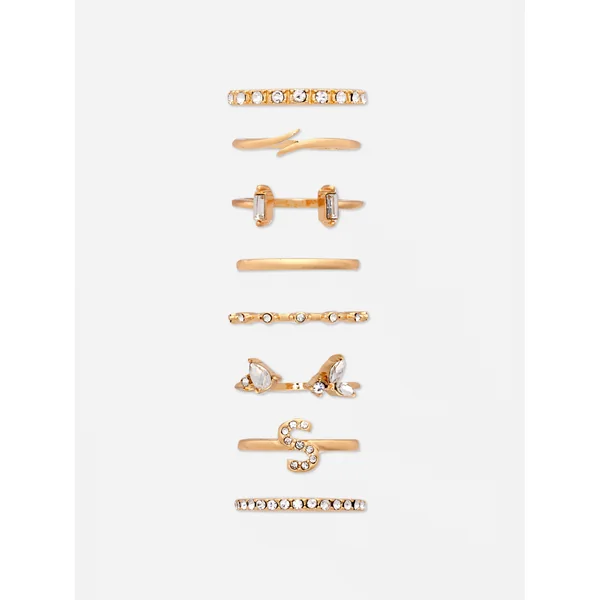 8-Pack Rhinestone Initial Rings - Yellow