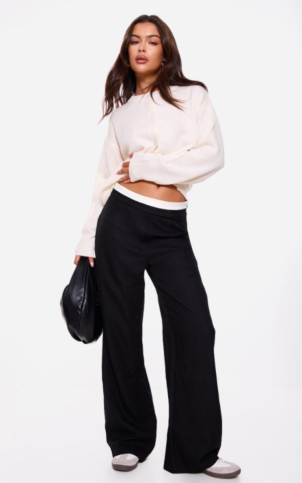 Black Contrast Double Waistband Detail Tailored Pants